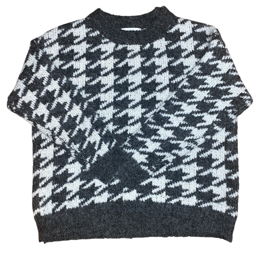 Oak + Fort Grey &White Houndstooth Chunky Wool Blend Crewneck Sweater Size S